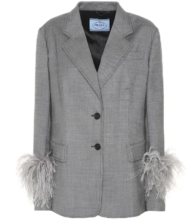 Shop Prada Feather-trimmed Wool Blazer In Grey