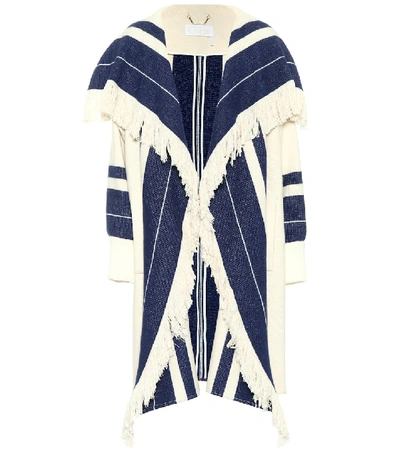 Shop Chloé Fringed Cotton And Wool-blend Jacket In Blue