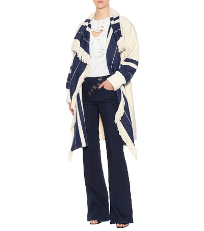 Shop Chloé Fringed Cotton And Wool-blend Jacket In Blue