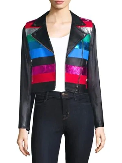 Shop The Mighty Company Stripe Rainbow Leather Jacket In Black Multi