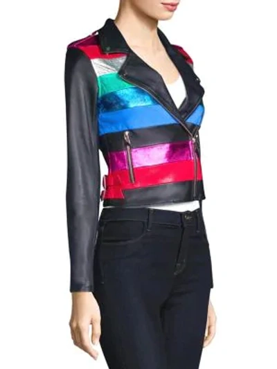 Shop The Mighty Company Stripe Rainbow Leather Jacket In Black Multi