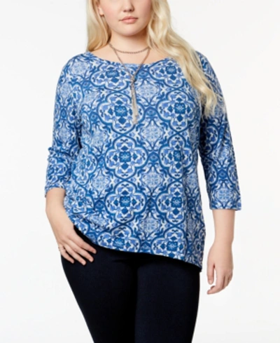 Shop Lucky Brand Trendy Plus Size Cotton 3/4-sleeve T-shirt In Blue Multi