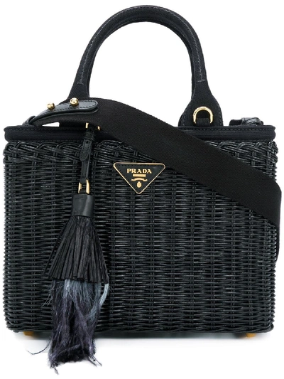 Prada Black Canvas And Wicker Woven Bag