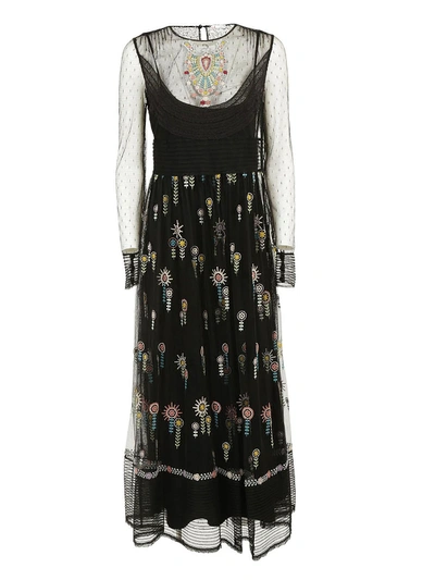 Shop Red Valentino Embroidered Tulle Long Dress In Black