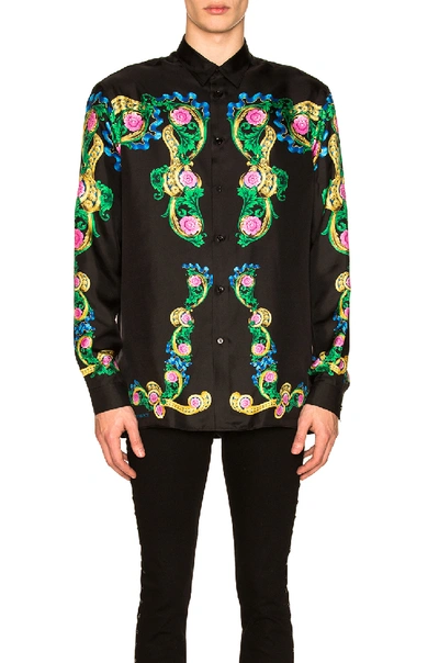 Shop Versace Miami Print Long Sleeve Silk Shirt In Black,floral