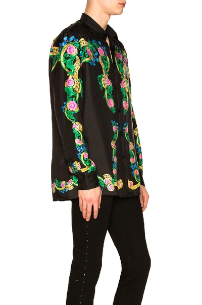 Shop Versace Miami Print Long Sleeve Silk Shirt In Black,floral