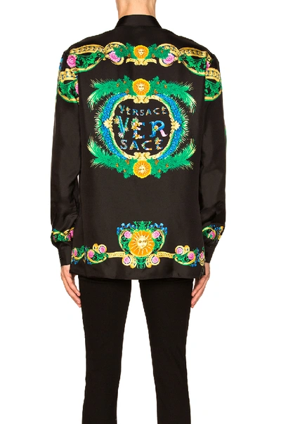 Shop Versace Miami Print Long Sleeve Silk Shirt In Black,floral