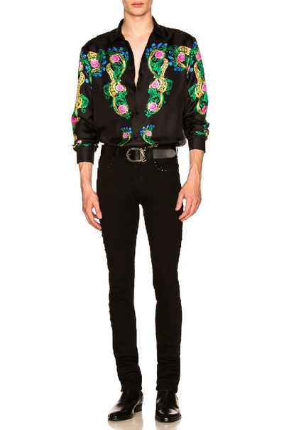 Shop Versace Miami Print Long Sleeve Silk Shirt In Black,floral