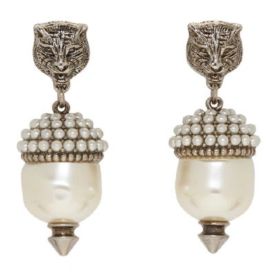 Shop Gucci Silver Feline Pearl Earrings In 8113 Dark G