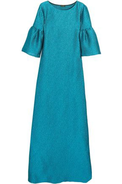 Shop Reem Acra Woman Metallic Cloqué Gown Turquoise