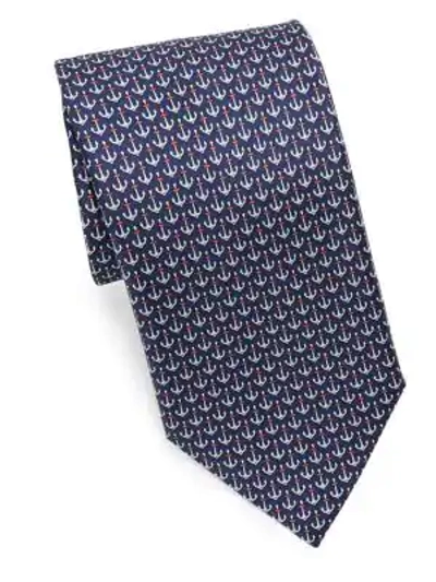 Shop Ferragamo Silk Anchor Tie In Blue