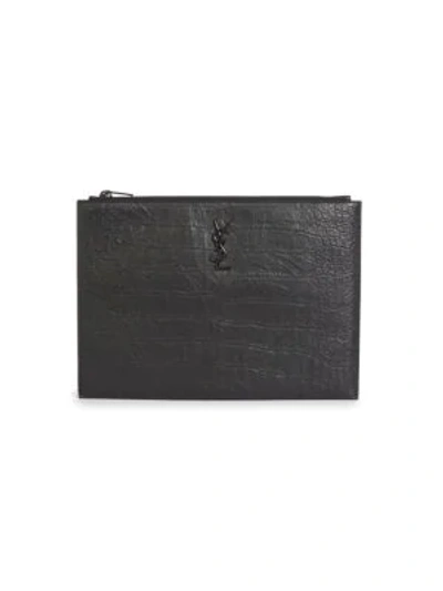 Shop Saint Laurent Croc-embossed Leather Ipad Holder In Black