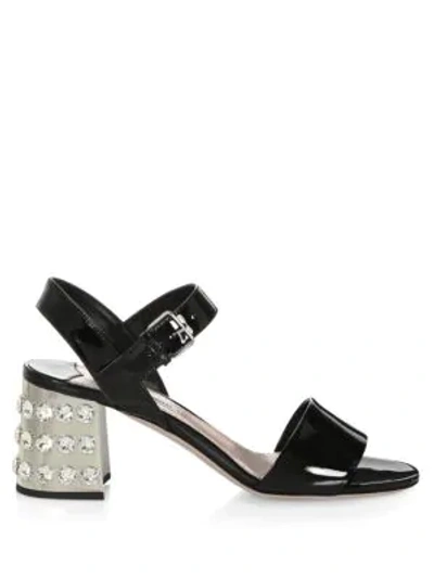 Shop Miu Miu Embellished Heel Patent Leather Sandals In Black