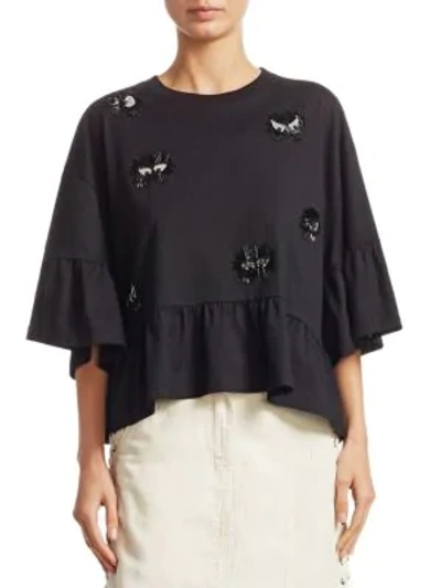 Shop Mcq By Alexander Mcqueen Embellished Ruffle Cotton Bell-sleeve Top In Darkest Black