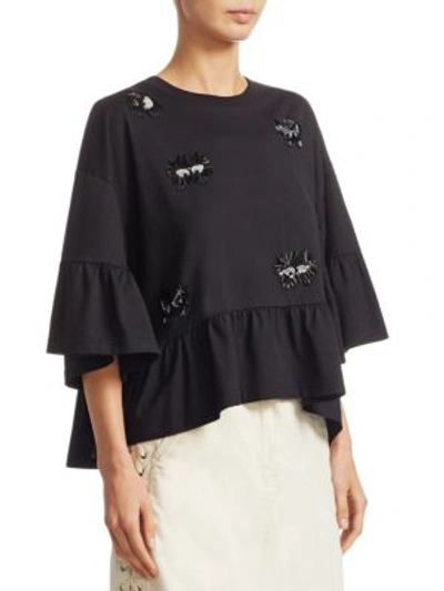 Shop Mcq By Alexander Mcqueen Embellished Ruffle Cotton Bell-sleeve Top In Darkest Black