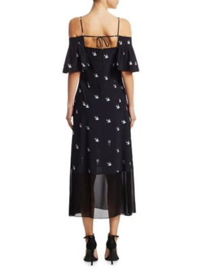 Shop Mcq By Alexander Mcqueen Bird-print Ruffle Dress In Midnight Navy