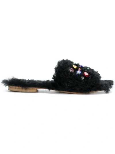 Shop Emanuela Caruso Embellished Fur Slippers In Black