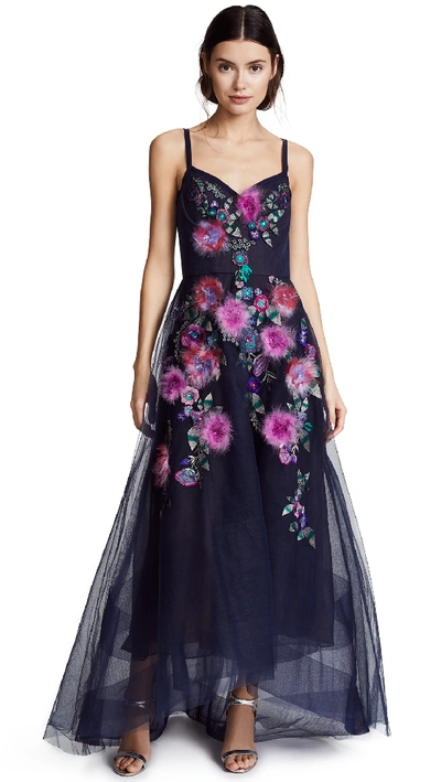 Shop Marchesa Notte Corseted High Low Gown With Feather Embroidery In Navy