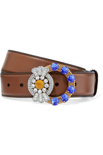 Shop Miu Miu Crystal-embellished Leather Belt In Brown