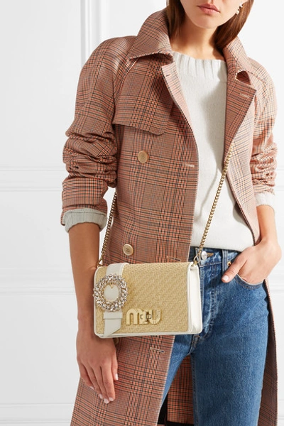 Shop Miu Miu My Miu Crystal-embellished Textured-leather And Raffia Shoulder Bag