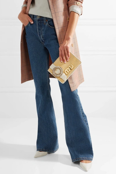 Shop Miu Miu My Miu Crystal-embellished Textured-leather And Raffia Shoulder Bag