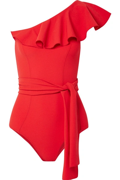 Shop Lisa Marie Fernandez Arden Ruffled One-shoulder Stretch-crepe Swimsuit In Tomato Red