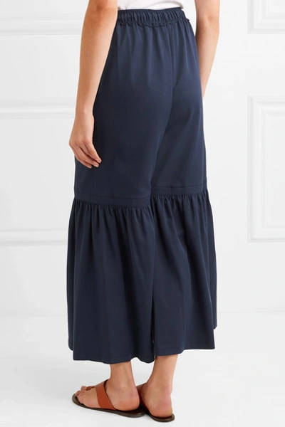 Shop See By Chloé Gathered Cropped Cotton-blend Wide-leg Pants In Navy