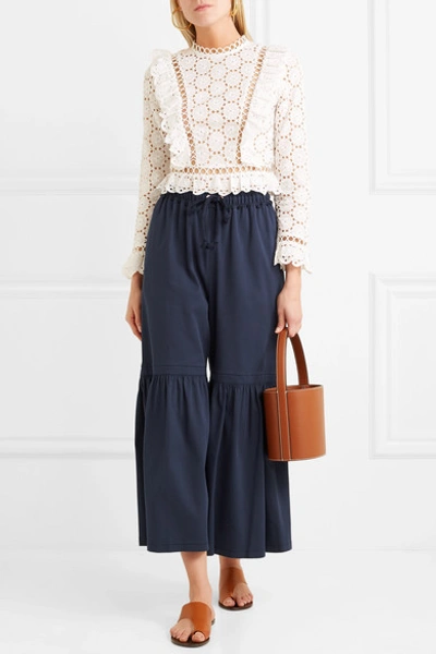 Shop See By Chloé Gathered Cropped Cotton-blend Wide-leg Pants In Navy
