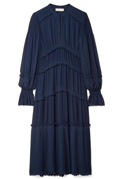 Shop Tory Burch Stella Ruffled Pleated Chiffon Midi Dress In Navy