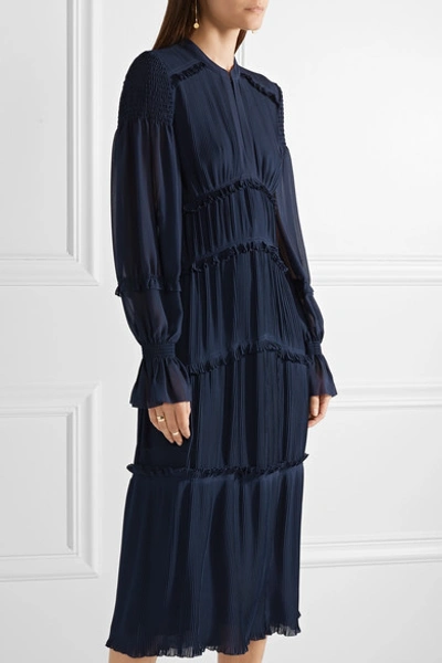 Tory Burch Stella Ruffled Pleated Chiffon Midi Dress In Navy | ModeSens