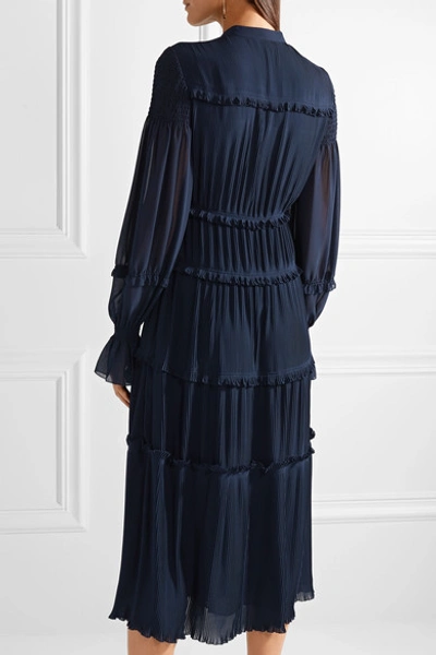 Shop Tory Burch Stella Ruffled Pleated Chiffon Midi Dress In Navy