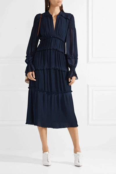 Shop Tory Burch Stella Ruffled Pleated Chiffon Midi Dress In Navy