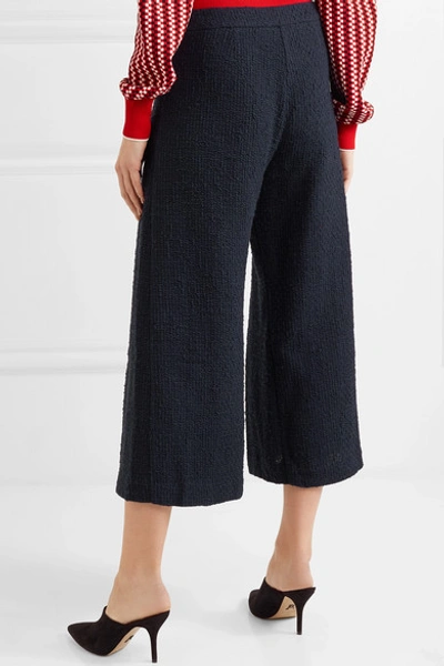 Shop Mother Of Pearl Bennie Faux Pearl-embellished Pleated Cotton-tweed Wide-leg Pants In Navy