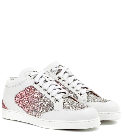 Shop Jimmy Choo Miami Leather And Glitter Sneakers In Multicoloured