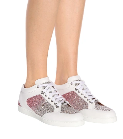 Shop Jimmy Choo Miami Leather And Glitter Sneakers In Multicoloured