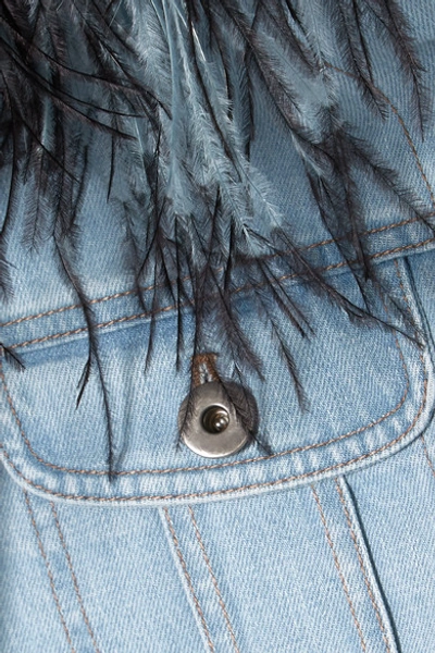 Shop Prada Cropped Feather-trimmed Denim Jacket In Light Denim