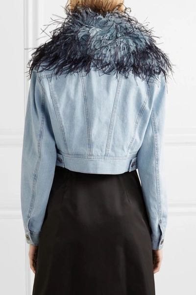 Shop Prada Cropped Feather-trimmed Denim Jacket In Light Denim