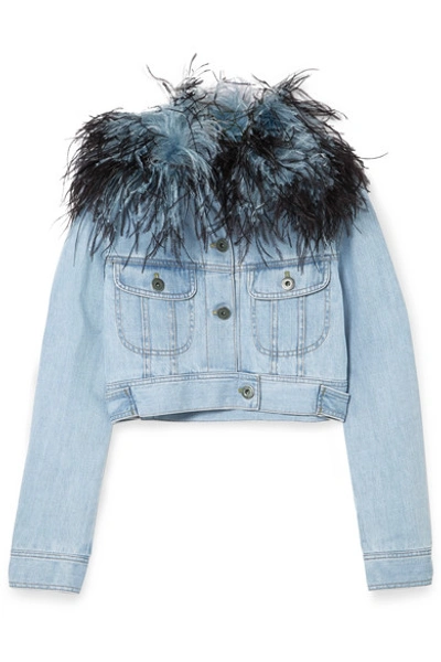 Shop Prada Cropped Feather-trimmed Denim Jacket In Light Denim