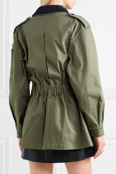 Shop Miu Miu Oversized Embellished Cotton-blend Drill Jacket In Green