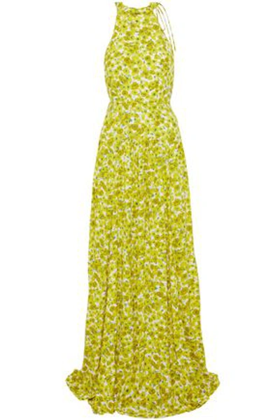 Shop Lela Rose Woman Pleated Floral-print Crepe Gown Chartreuse