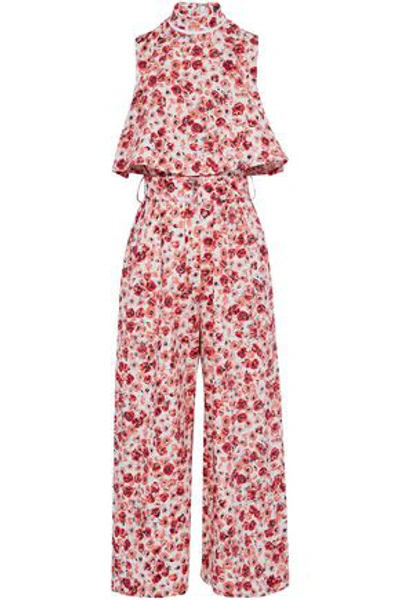 Shop Lela Rose Cropped Layered Floral-print Cotton-blend Jumpsuit In Coral