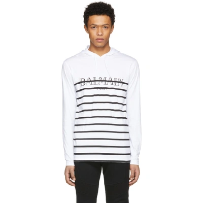 Shop Balmain White And Black Striped Jersey Logo Hoodie In 181 Blk/wht