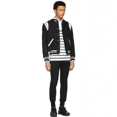 Shop Balmain White And Black Striped Jersey Logo Hoodie In 181 Blk/wht