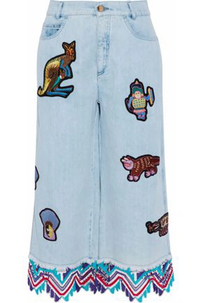 Shop Peter Pilotto Woman Cropped Embellished High-rise Wide-leg Jeans Light Denim