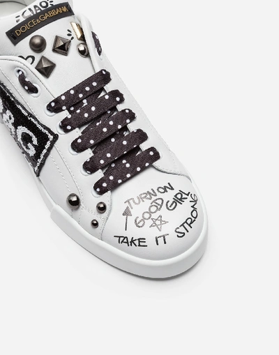 Shop Dolce & Gabbana Portofino Sneakers In Calfskin With Patch And Embroidery In White