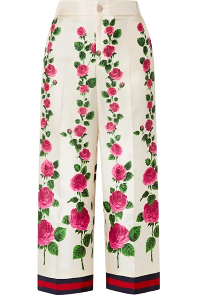 Shop Gucci Cropped Grosgrain-trimmed Floral-print Silk-twill Wide-leg Pants In Ecru