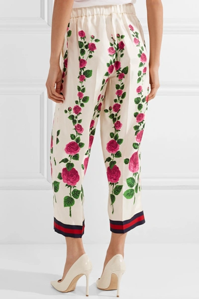 Shop Gucci Cropped Grosgrain-trimmed Floral-print Silk-twill Wide-leg Pants In Ecru