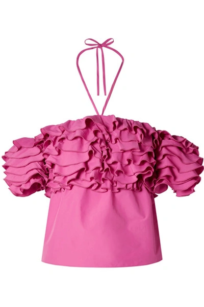 Shop Rosie Assoulin Cha Cha Off-the-shoulder Ruffled Taffeta Top In Fuchsia