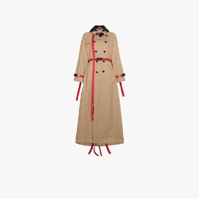 Shop Palm Angels Trench Coat With Red Belt In Beige