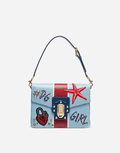 Shop Dolce & Gabbana Lucia Shoulder Bag In Printed Calfskin With Embroidery In Azure